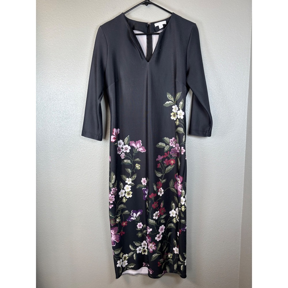 New York & Company Black Floral Stretch Sheath Dress Split V-Neck 3/4 Sleeve M